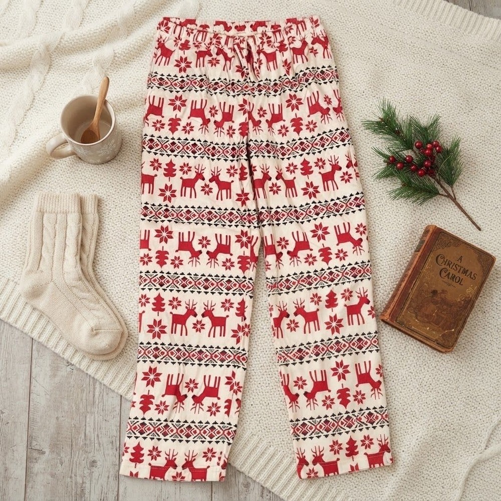 Hanna Andersson Pima Cotton Pajama Pants S Red Cream Reindeer Holiday Fair Isle